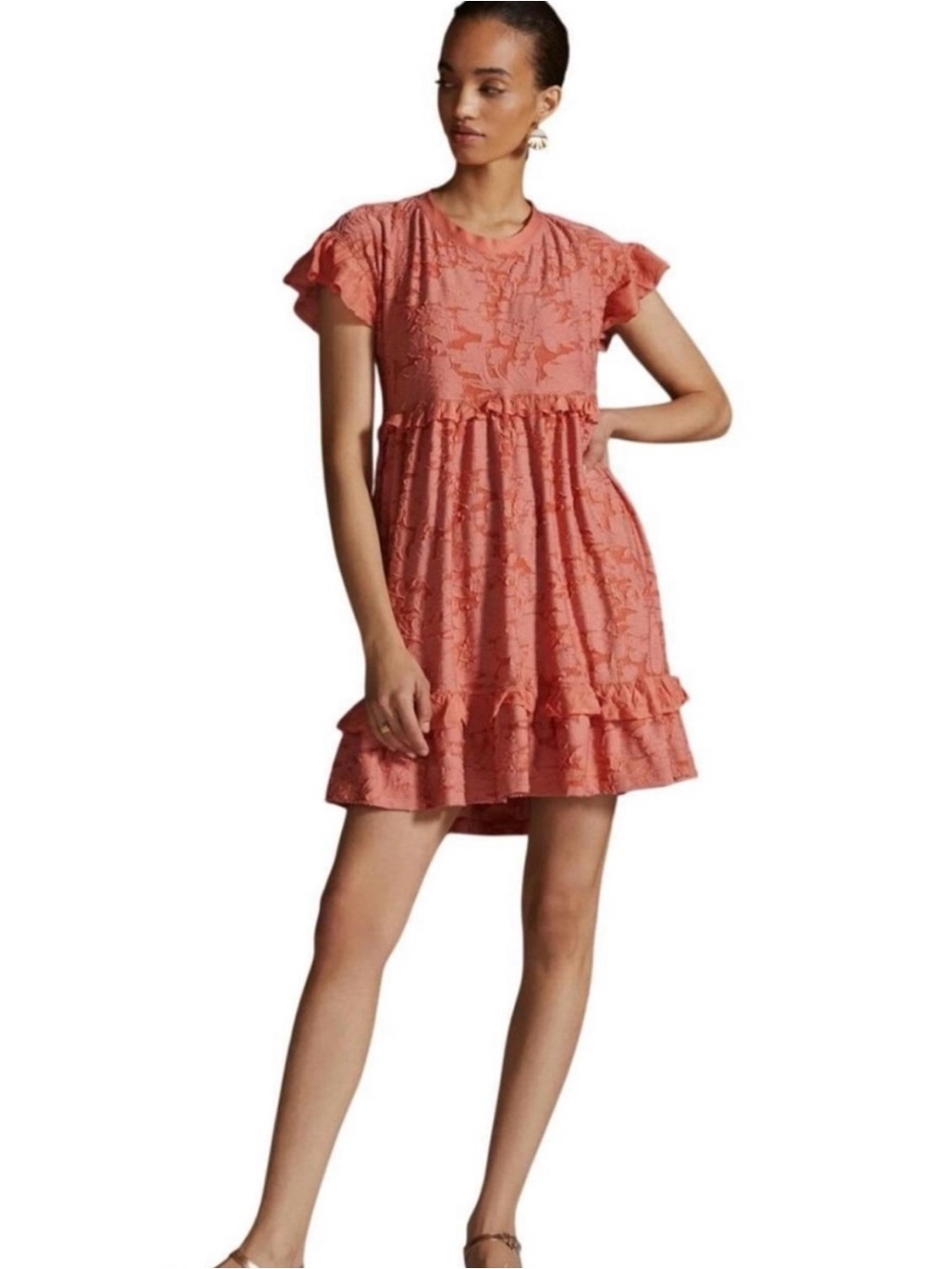 Anthropologie Coral Lace Ruffle Babydoll Dress